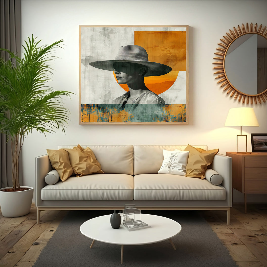 Wadi Home abstract portrait art with figure wearing a wide-brimmed hat, muted tones with orange accents, framed wall art.