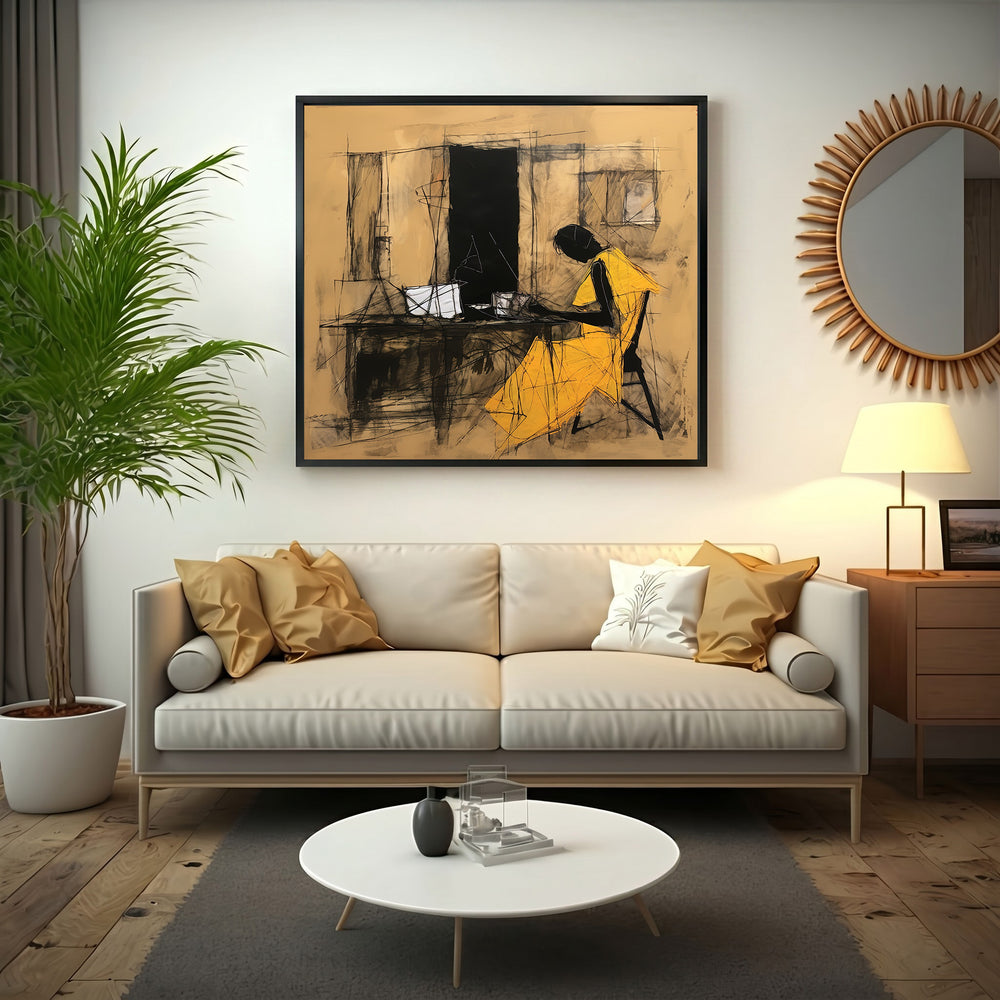 Wadi Home abstract charcoal sketch of a figure in a yellow dress at a desk, earthy background.