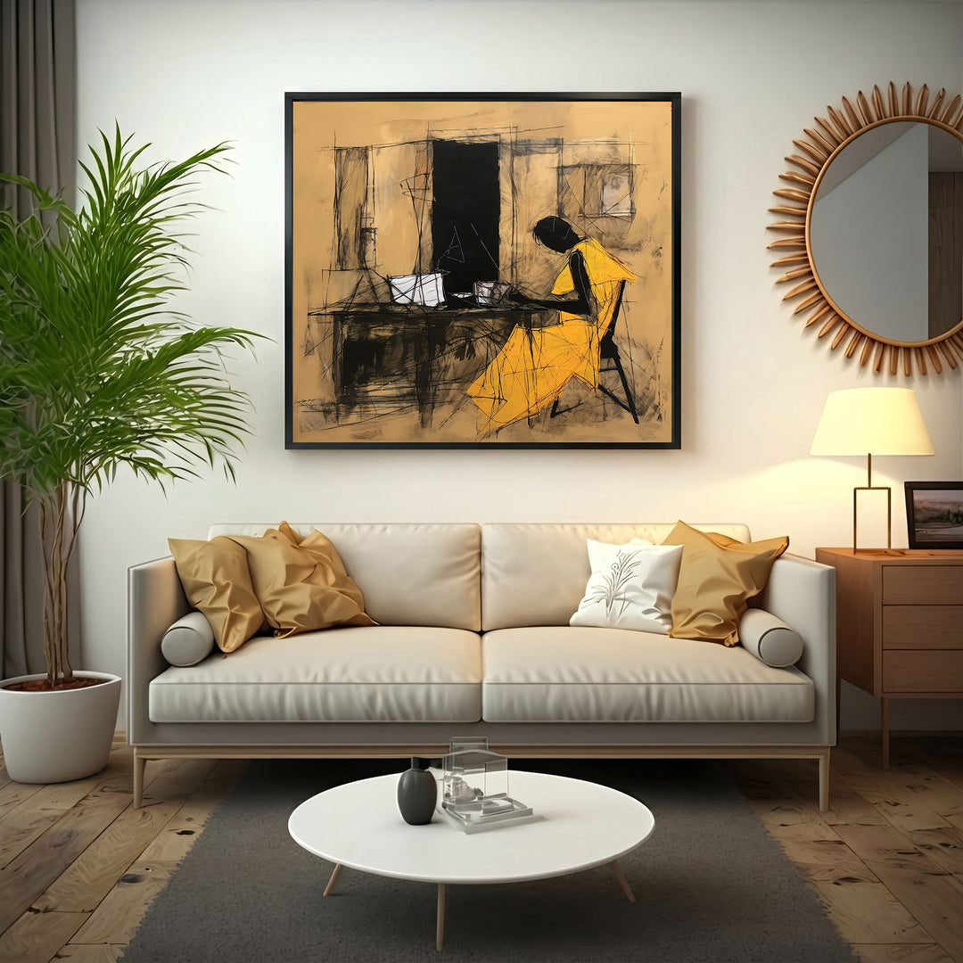 Wadi Home abstract charcoal sketch of a figure in a yellow dress at a desk, earthy background.