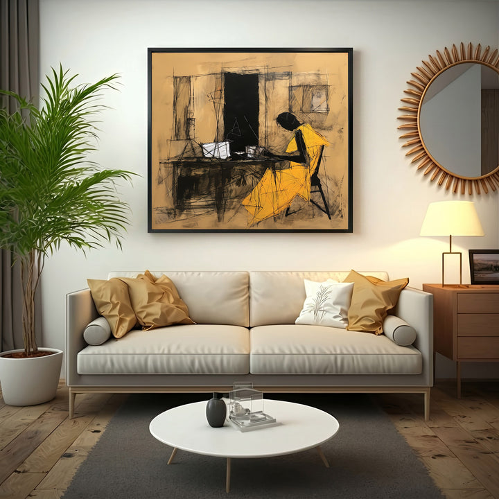 Wadi Home abstract charcoal sketch of a figure in a yellow dress at a desk, earthy background.