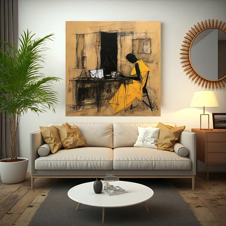 Wadi Home abstract wall art of a seated figure in a yellow dress, charcoal sketch on tan background.