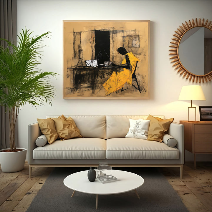 Wadi Home abstract wall art featuring a seated figure in a yellow dress, charcoal sketch on earthy background.