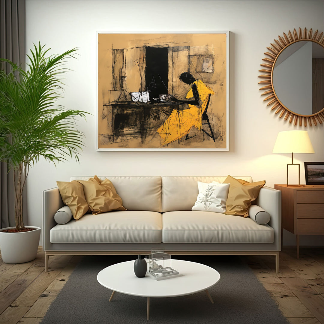 Wadi Home abstract figure study wall art, seated figure in yellow dress, charcoal sketch on earthy background.