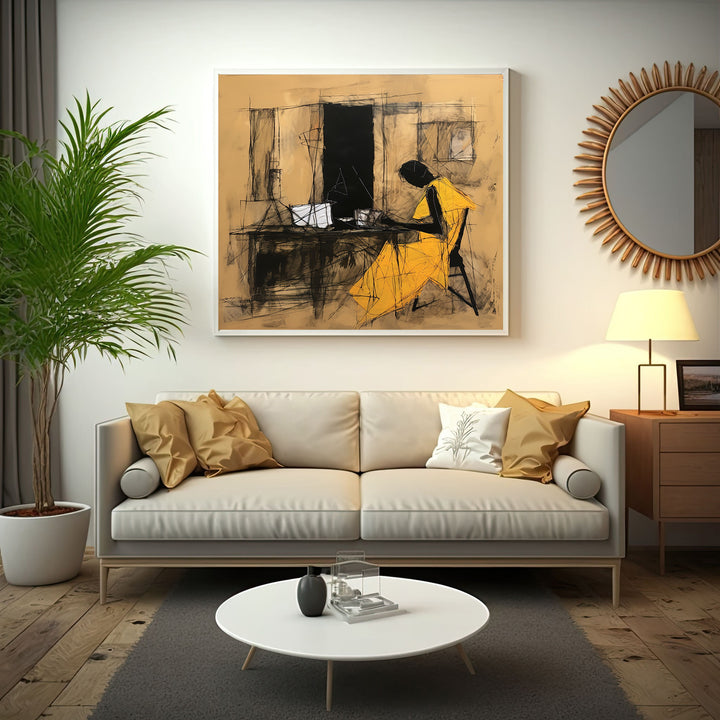 Wadi Home abstract figure study wall art, seated figure in yellow dress, charcoal sketch on earthy background.