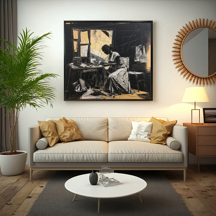 Wadi Home black and white sketch wall art of a woman working at a table, with subtle golden accents. Framed art.