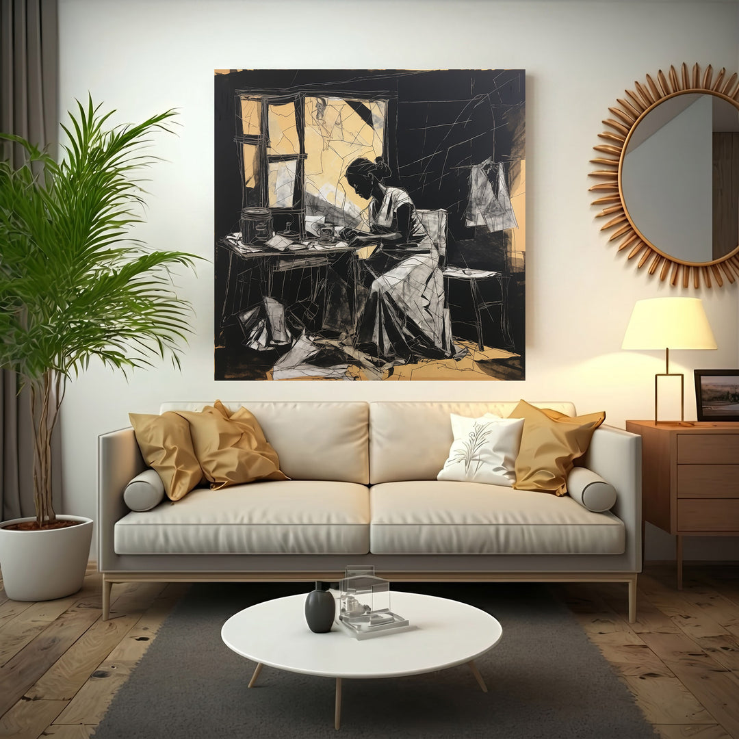 Wadi Home black and white sketch wall art of a woman working at a table with golden accents.