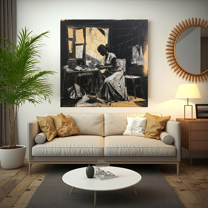 Wadi Home black and white sketch wall art of a woman working at a table with golden accents.