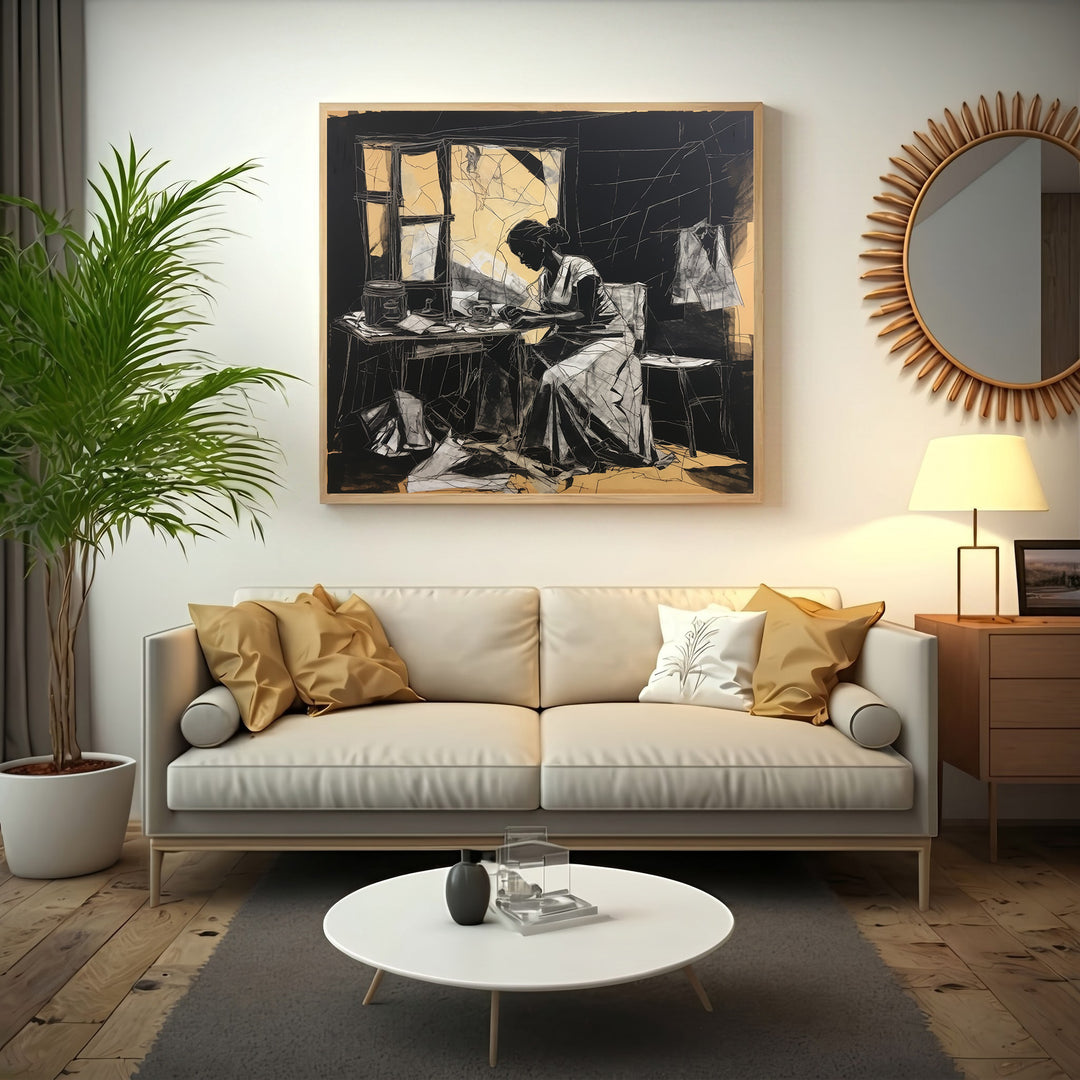 Wadi Home black and white sketch wall art of a woman working at a table with golden accents.