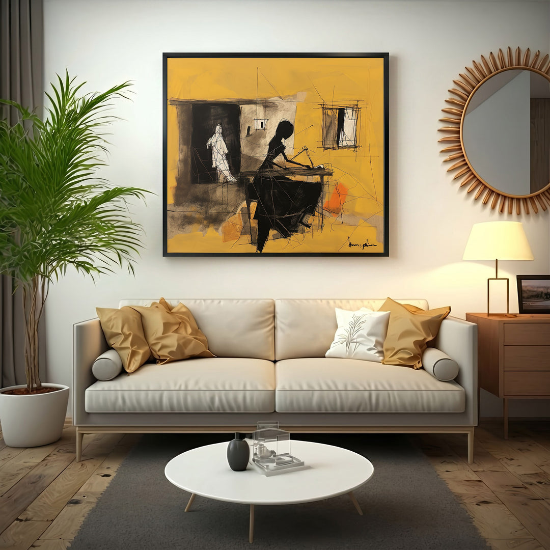 Wadi Home abstract artwork with yellow background, featuring charcoal and black figures in a contemplative pose. Modern wall art.