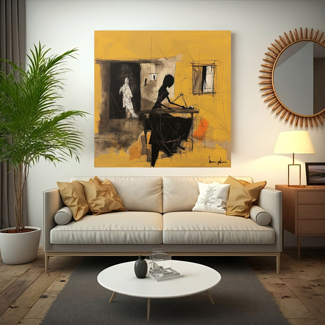 Wadi Home abstract artwork with black figures on yellow background, modern wall art for living space.