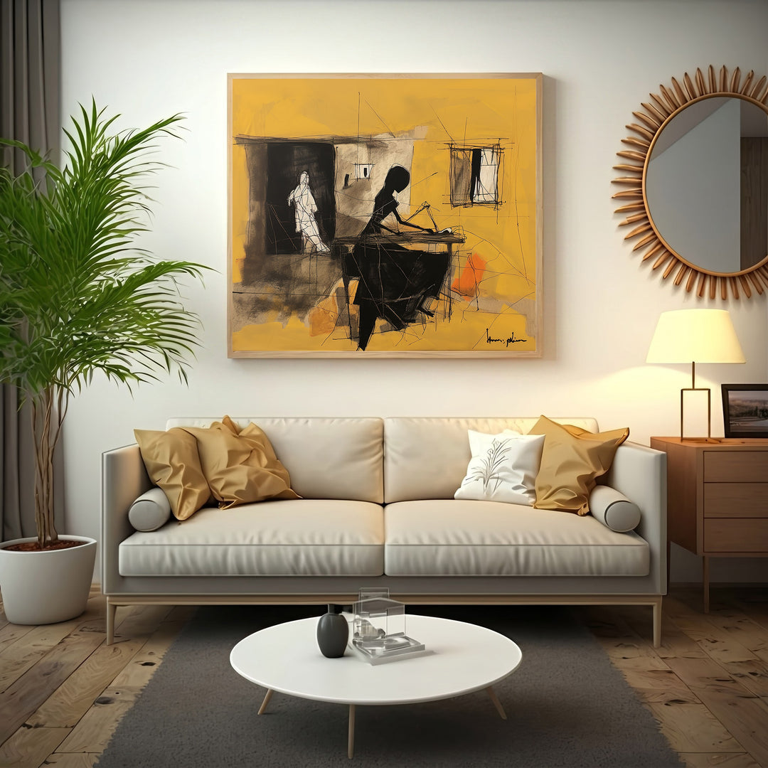 Wadi Home abstract artwork with charcoal figures on yellow background, framed wall art.