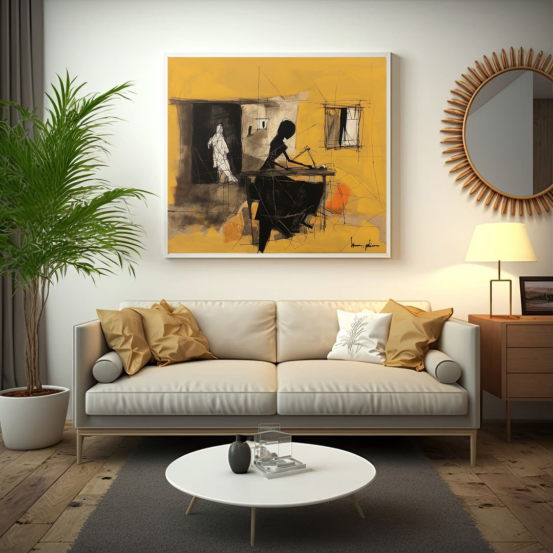 Wadi Home abstract artwork with yellow background, featuring black and white figures in charcoal and black. Modern wall art.