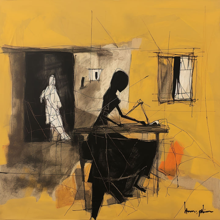 Wadi Home abstract artwork with black figures on yellow background, modern wall art for living space.