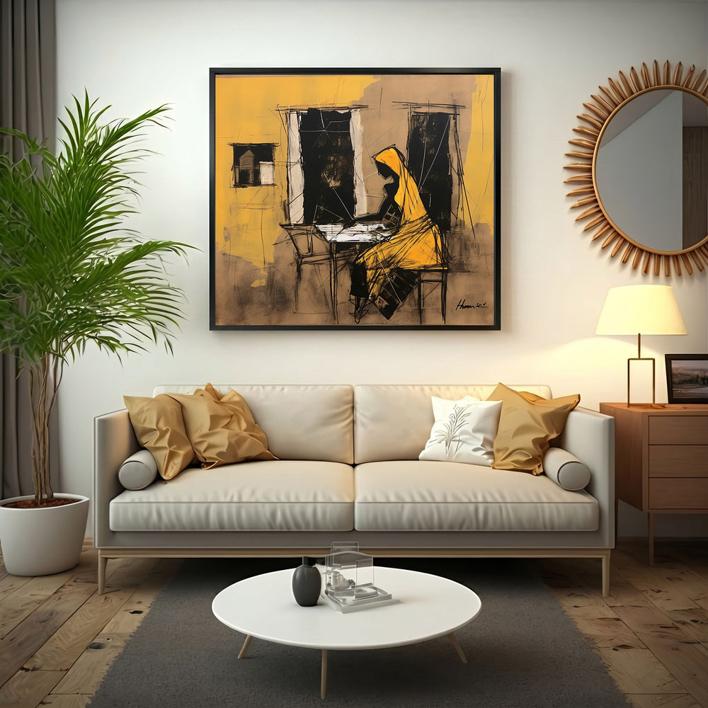 Wadi Home abstract artwork of a woman in yellow reading a book, rendered in ochre, black, and earthy tones.