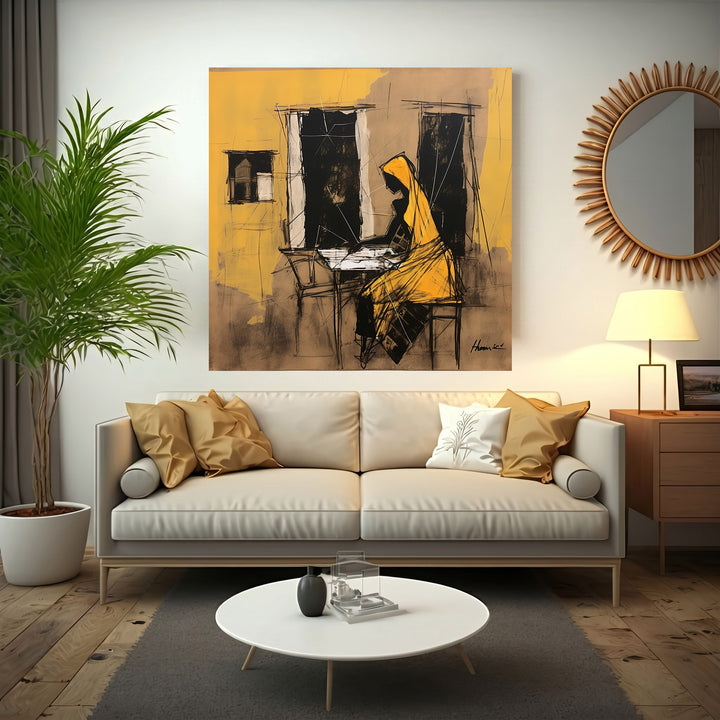 Wadi Home abstract artwork of a woman in a yellow robe reading at a table, rendered in ochre, black, and earthy tones.