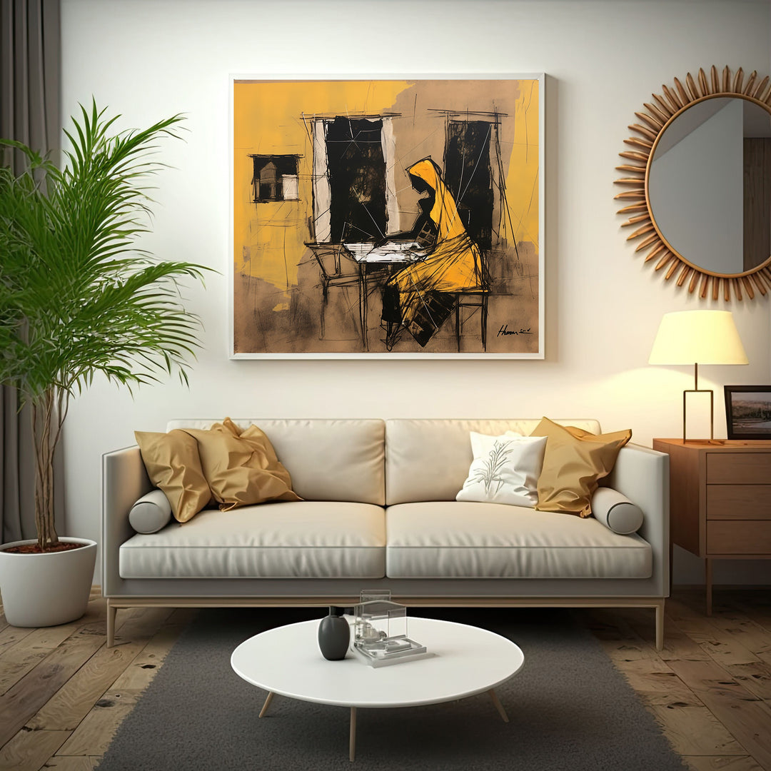 Wadi Home abstract artwork of a woman in a yellow robe reading a book, rendered in ochre, black, and earthy tones.
