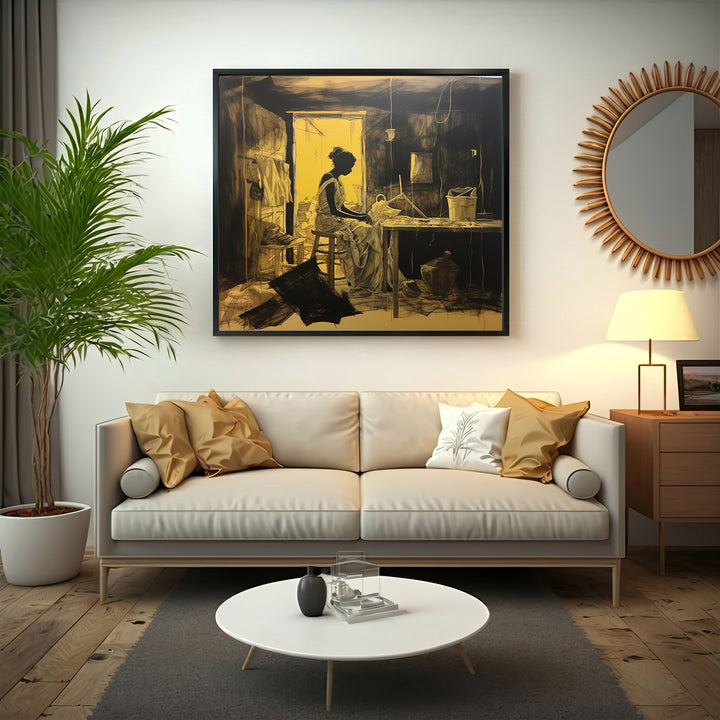 Wadi Home The Weaver's Solitude wall art, black and ochre painting of a woman weaving in a rustic room.