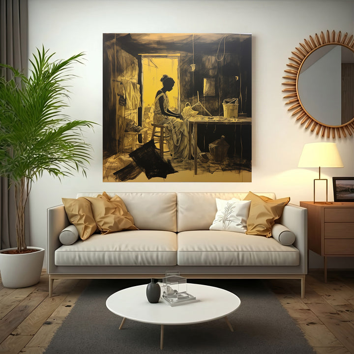 Wadi Home's Weaver's Solitude wall art depicts a woman weaving in a dimly lit room with ochre and black tones.