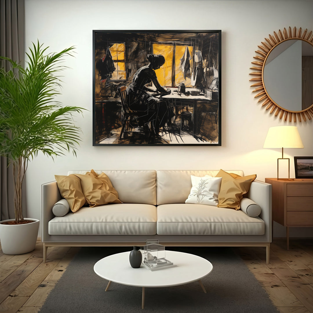 Wadi Home The Seamstress At Work wall art, sketch-style silhouette of a woman sewing at a desk with a bright yellow window behind her.