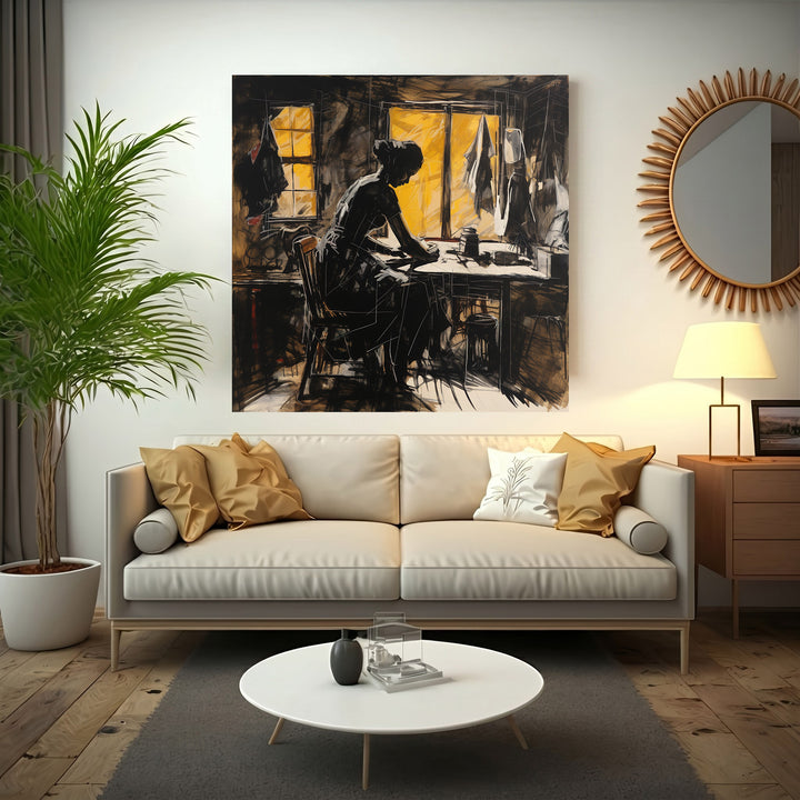 Wadi Home The Seamstress At Work wall art, sketch-style silhouette of a woman sewing at a table, warm yellow window light.