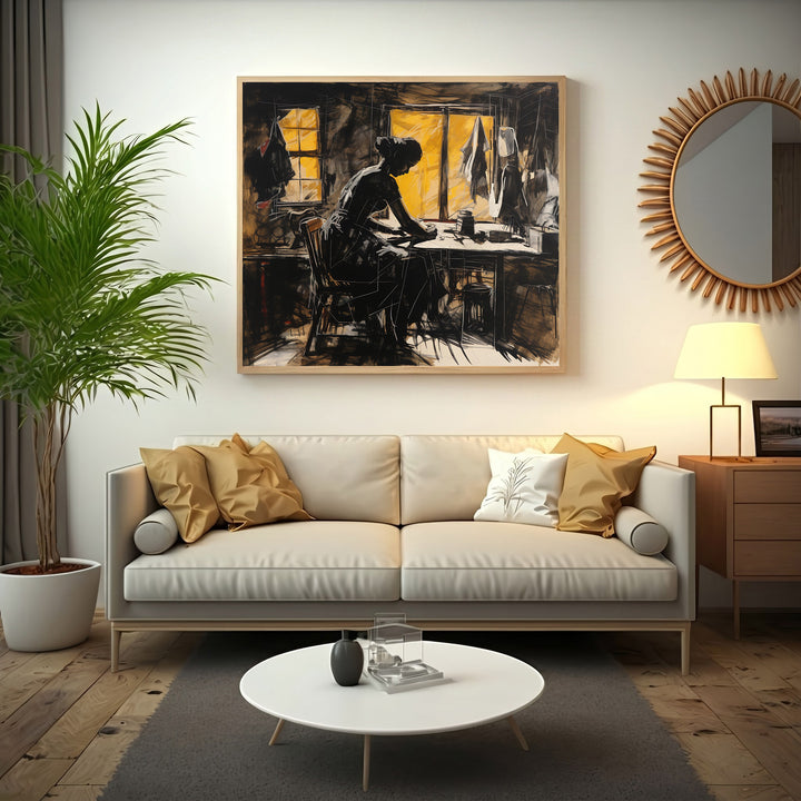 Wadi Home The Seamstress At Work wall art, sketch-style silhouette of a woman sewing at a table with dramatic yellow window light.