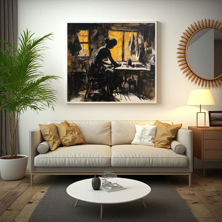 Wadi Home The Seamstress At Work wall art, sketch-style silhouette of a woman sewing at a table, warm yellow window light.