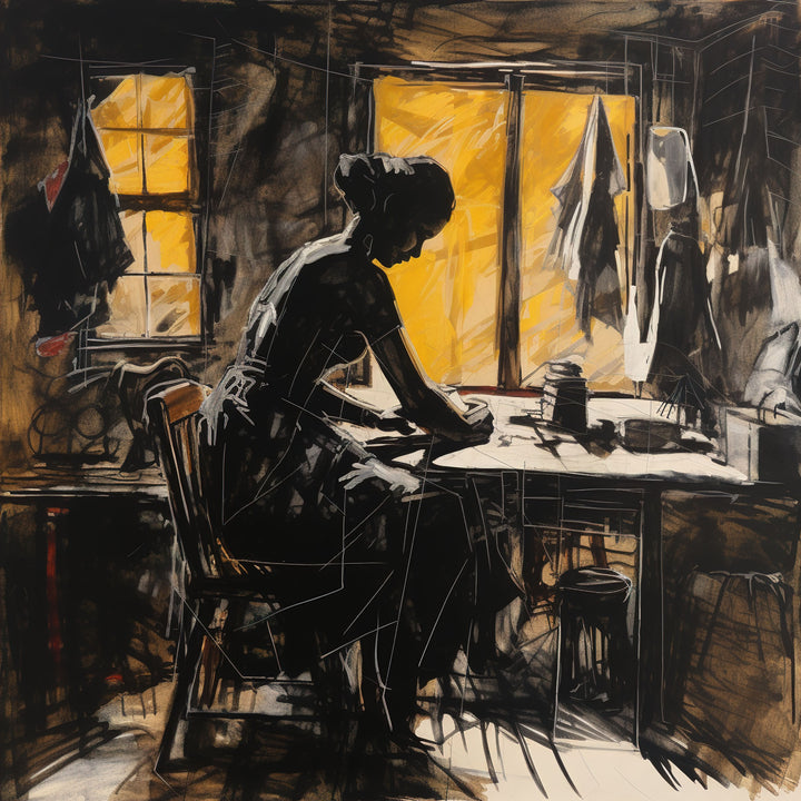 Wadi Home The Seamstress At Work wall art, sketch-style silhouette of a woman sewing at a table, warm yellow window light.