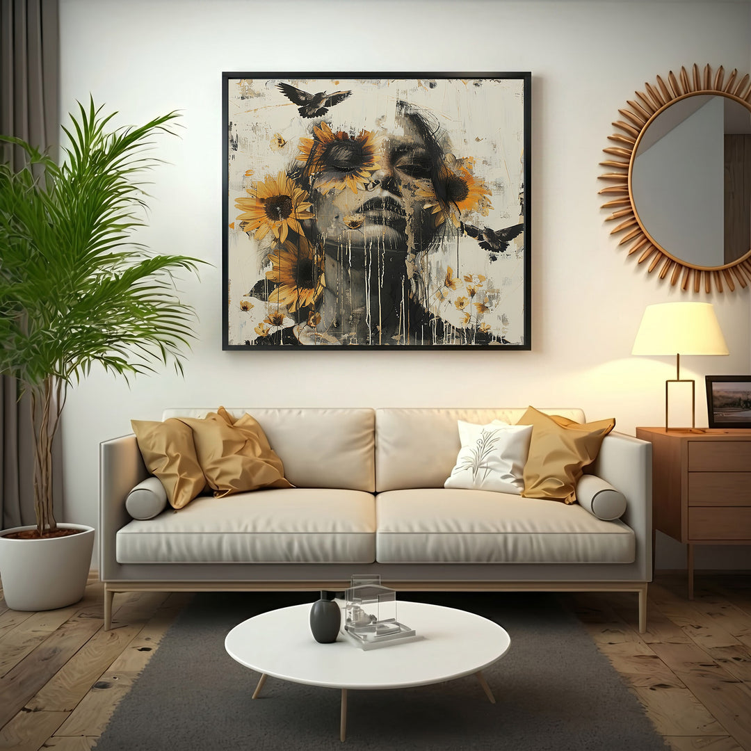 Wadi Home abstract portrait wall art with sunflowers and birds. Monochromatic portrait with yellow sunflowers and black birds.
