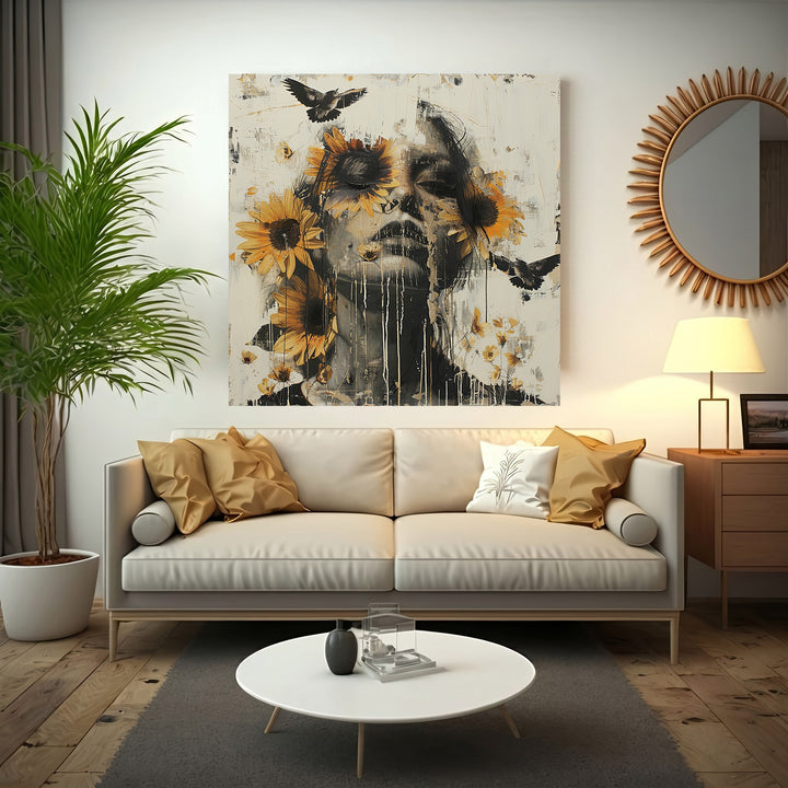 Wadi Home abstract wall art: monochromatic portrait with yellow sunflowers and black birds, modern artistic statement.