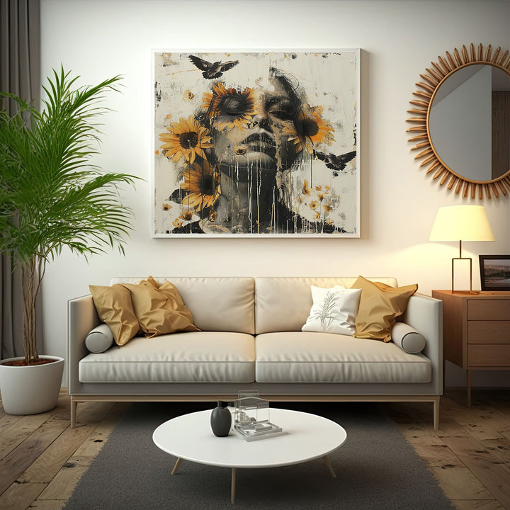 Wadi Home abstract portrait wall art with sunflowers and birds, monochromatic portrait with yellow sunflowers and black birds.