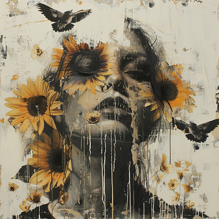 Wadi Home abstract wall art: monochromatic portrait with yellow sunflowers and black birds, modern artistic statement.