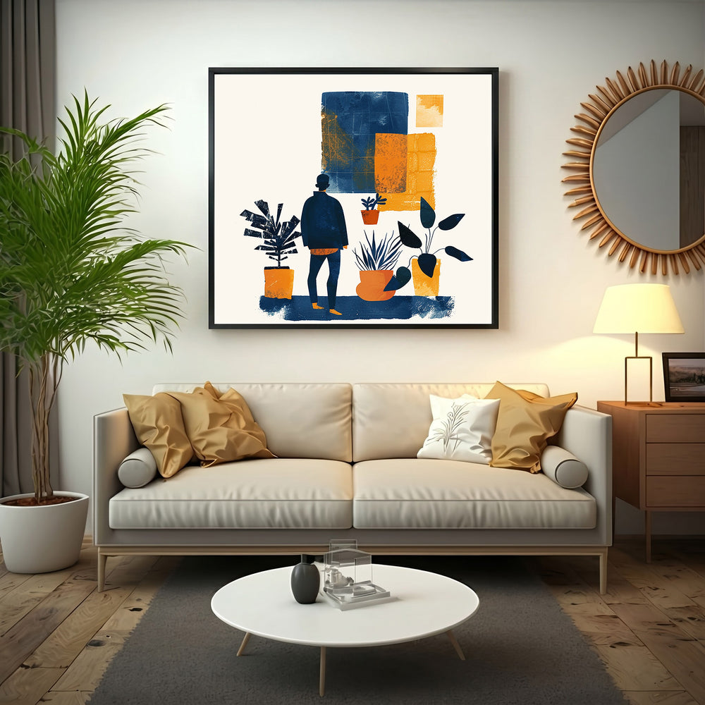 Wadi Home abstract wall art featuring a figure surrounded by plants in blue, orange, and cream tones.
