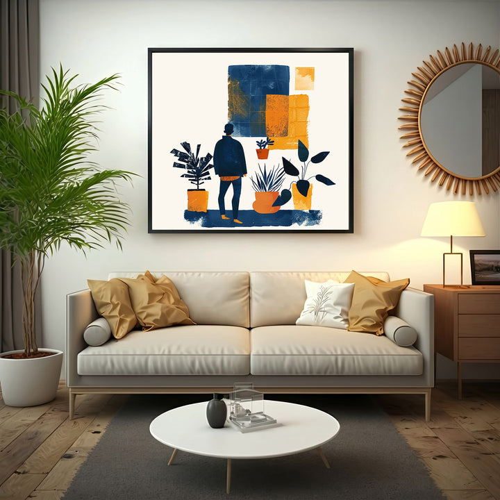 Wadi Home abstract wall art featuring a figure surrounded by plants in blue, orange, and cream tones.