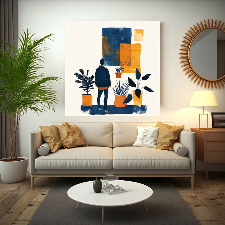 Wadi Home abstract wall art with figure and plants in blue, orange, and cream. Modern minimalist style.