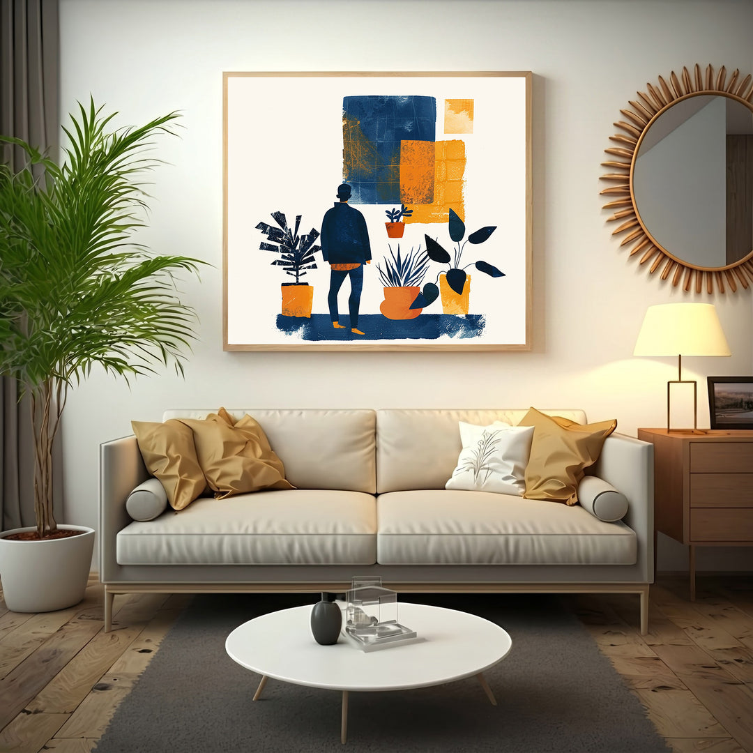 Wadi Home abstract wall art with blue and orange figure and plants. Framed artwork on concrete wall.