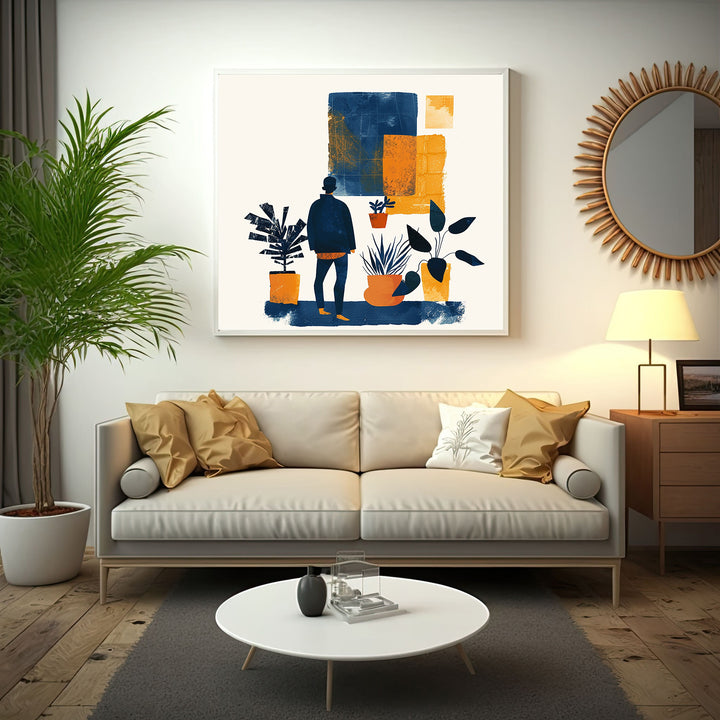 Wadi Home abstract wall art of a figure with plants in blue and orange hues, minimalist style.