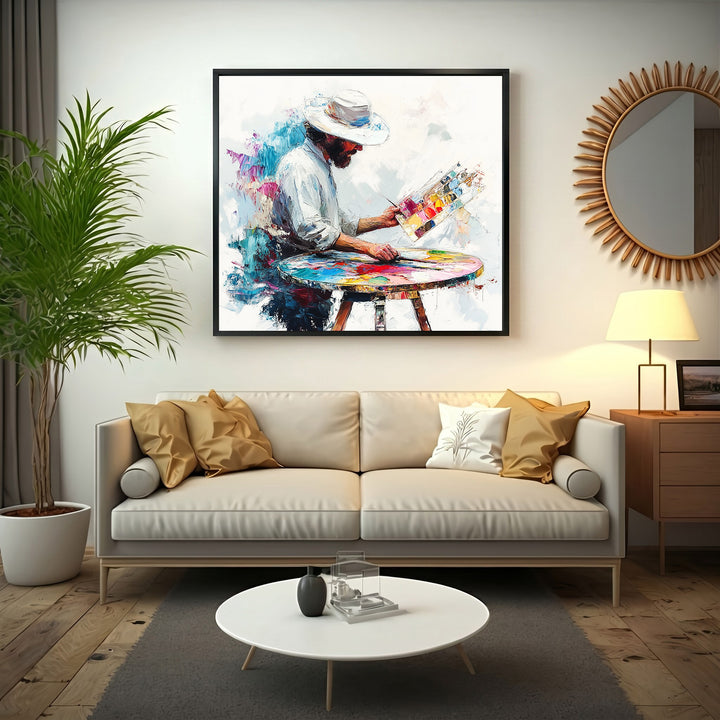 Wadi Home canvas wall art depicting an artist in a white hat painting with a colorful palette and brush.