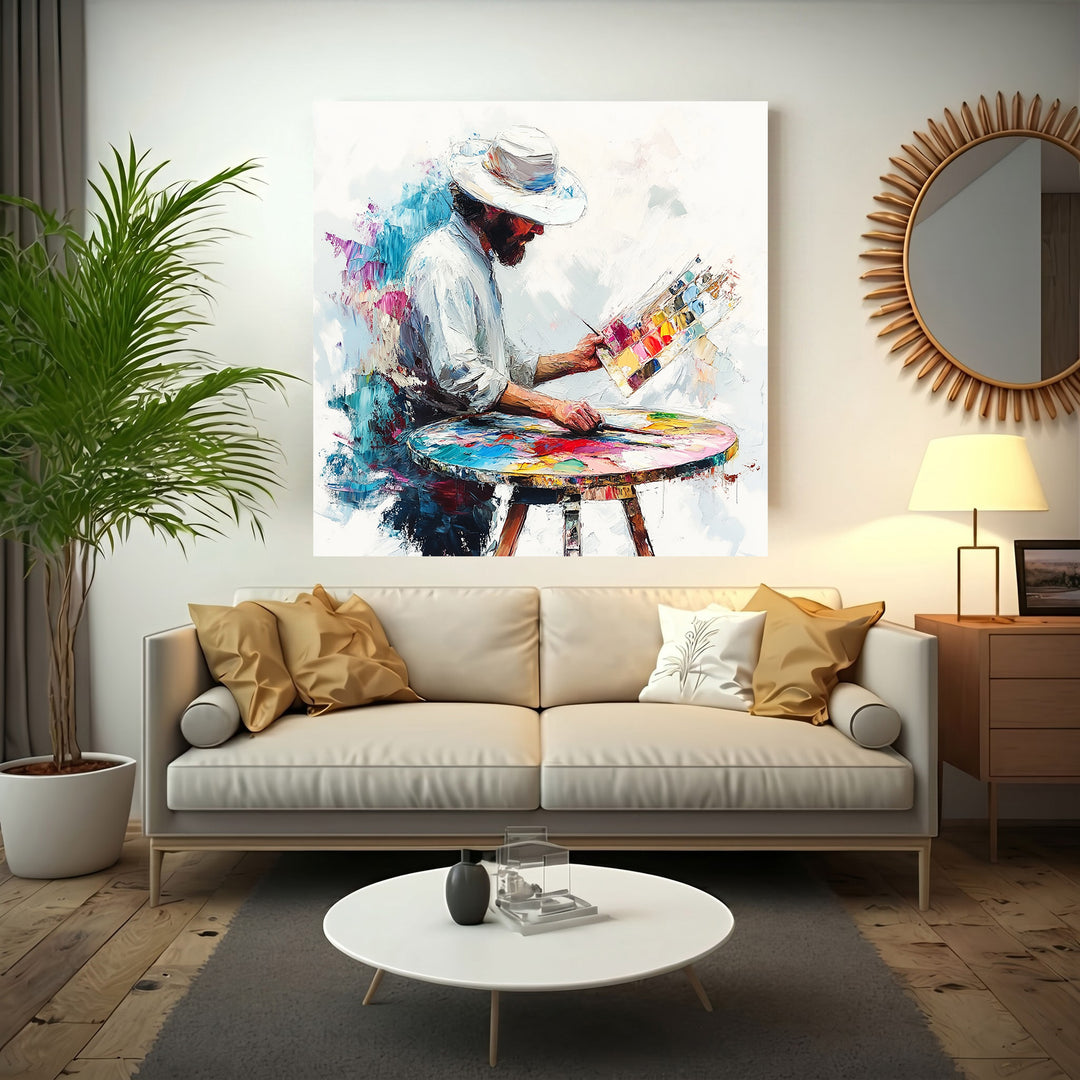 Wadi Home canvas wall art depicting an artist in a white hat painting with vibrant colors on a palette and table.