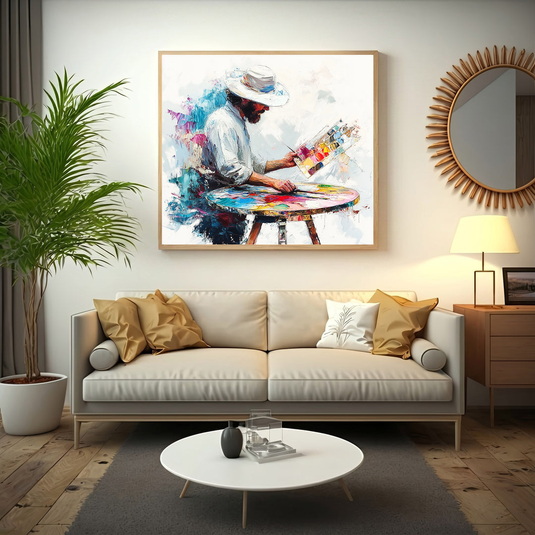 Wadi Home canvas wall art depicting an artist in a white hat painting with a palette and brush, vibrant colors, framed.