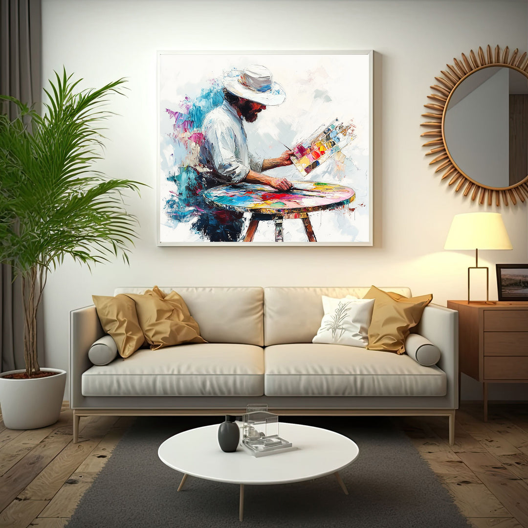 Wadi Home canvas wall art depicting an artist in a white hat painting at a colorful palette and table. Vibrant brushstrokes.