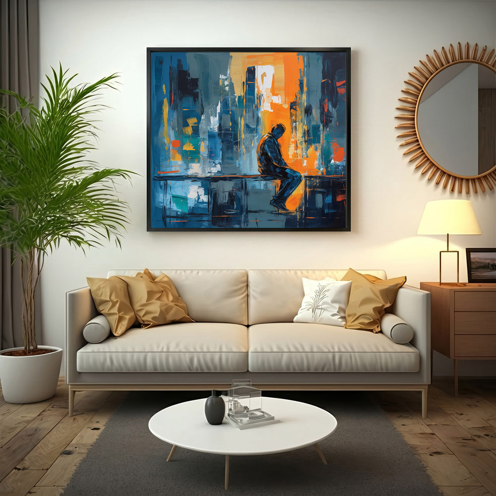 Wadi Home Urban Solitude abstract wall art, featuring a silhouetted figure against a vibrant cityscape in blues, oranges, and grays.