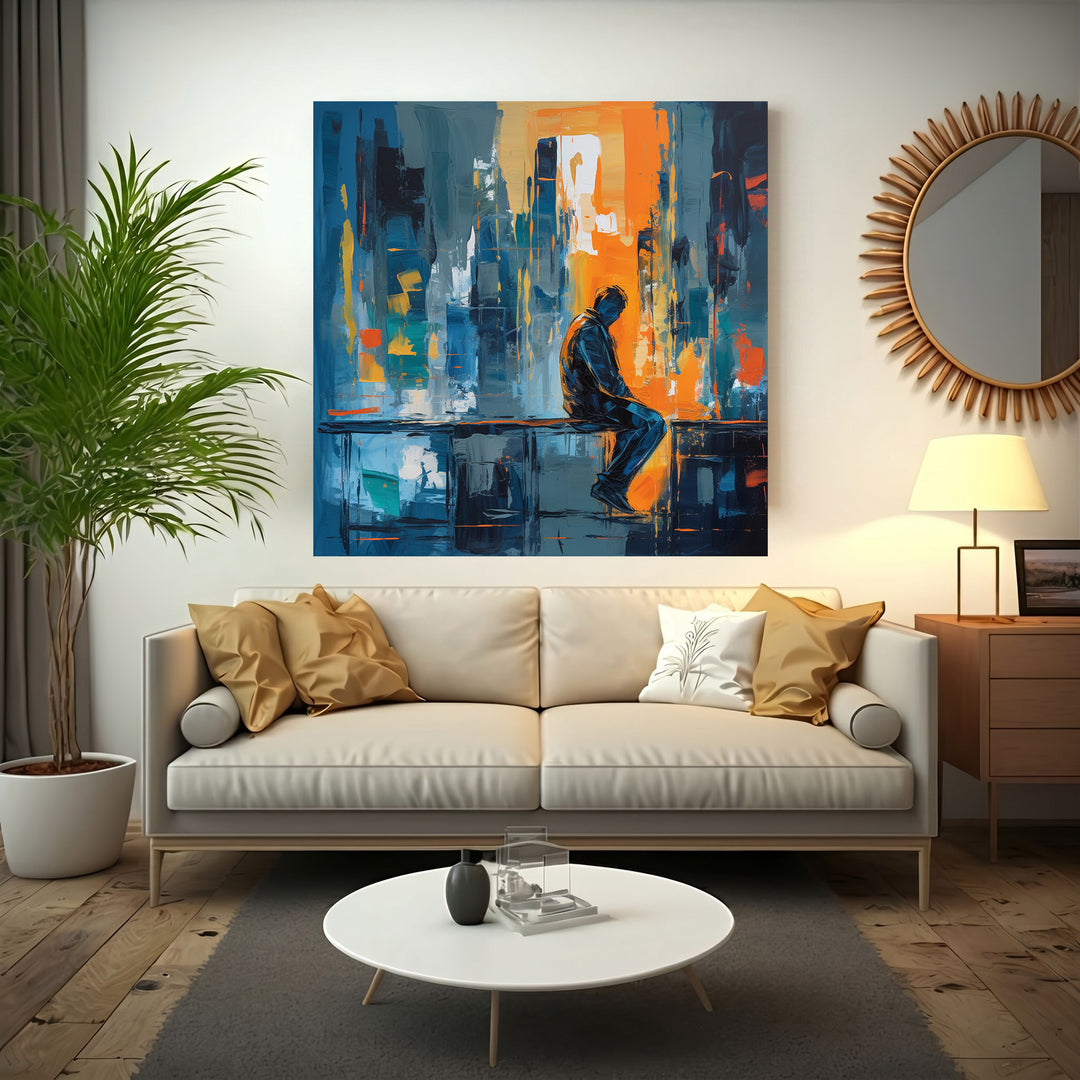 Wadi Home Urban Solitude abstract canvas art print featuring a silhouetted figure against a vibrant cityscape in blues, oranges, and grays.