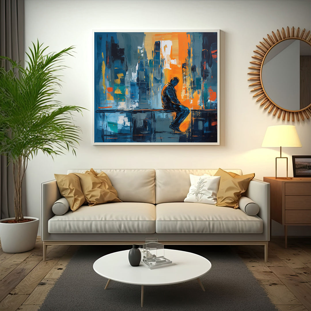 Wadi Home Urban Solitude abstract wall art, featuring a silhouetted figure against a vibrant cityscape in blues, oranges, and grays.