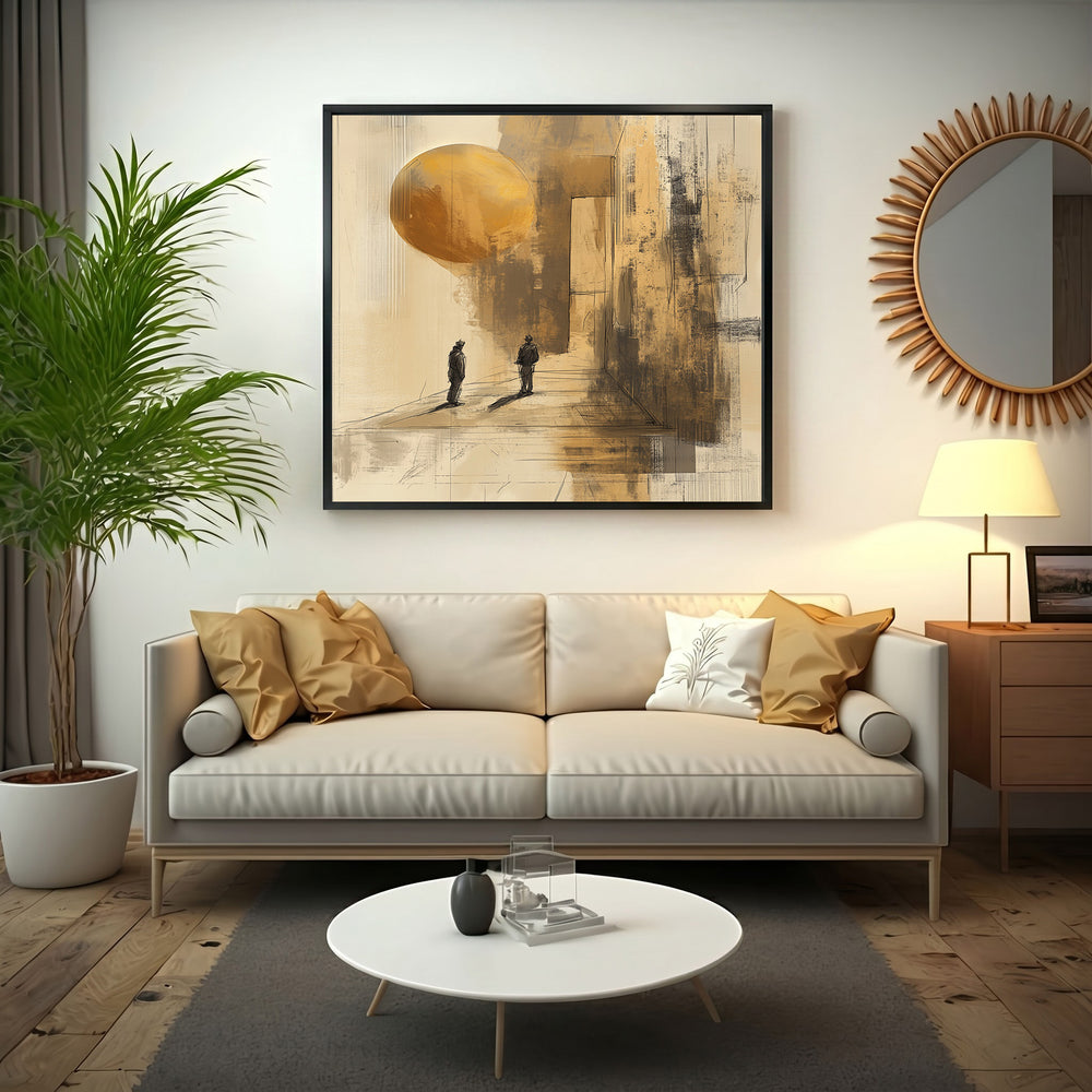 Wadi Home abstract wall art with two silhouetted figures and a golden sphere in earthy tones.