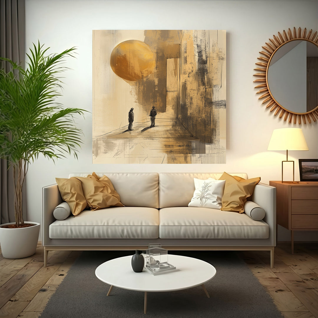 Wadi Home abstract wall art with two silhouetted figures, golden sphere, and textured earthy tones.