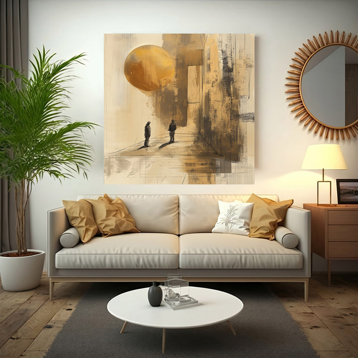 Wadi Home abstract wall art with two silhouetted figures, golden sphere, and textured earthy tones.