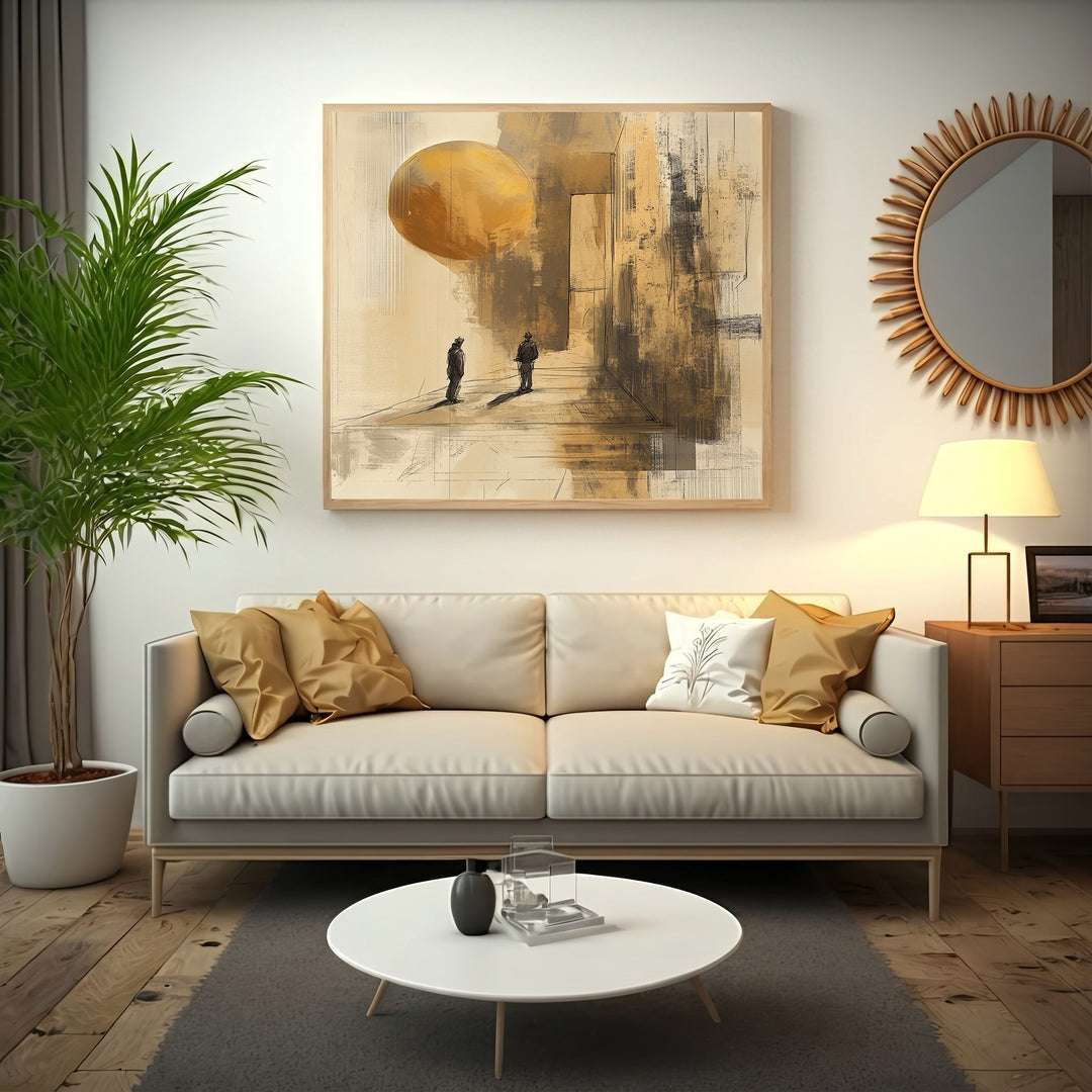 Wadi Home abstract wall art with two silhouetted figures and a golden sphere in earthy tones.