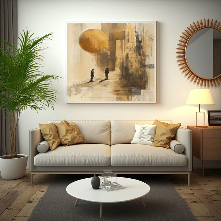 Wadi Home abstract wall art with two silhouetted figures, golden sphere, and textured earthy tones.