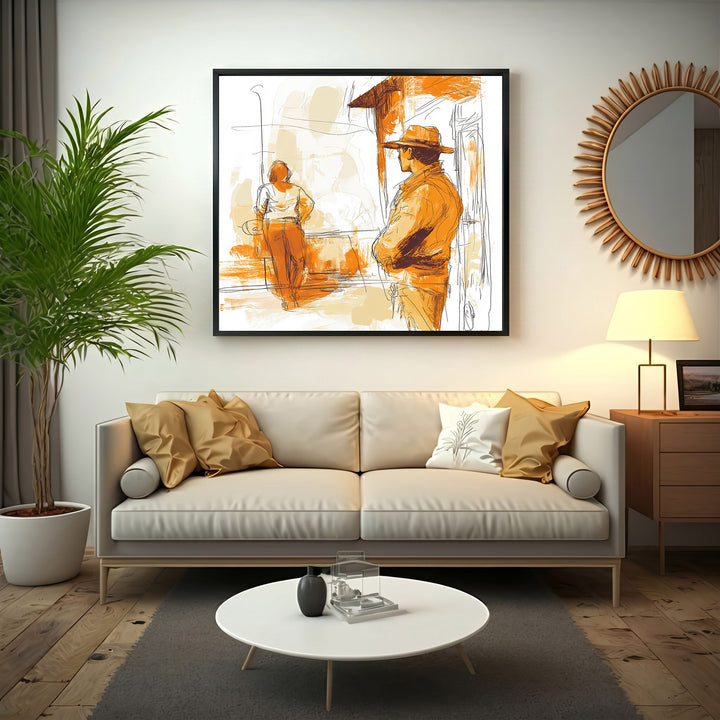 Wadi Home abstract wall art with two figures in warm orange and beige tones, sketch-like style.