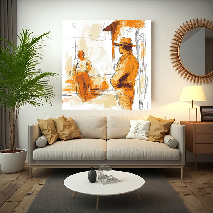 Wadi Home abstract wall art with figures in warm orange and beige tones, sketch-like style.